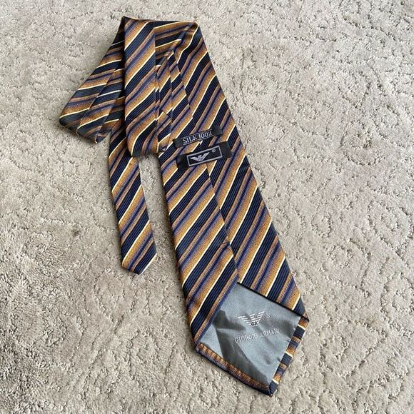 Giorgio Armani Copper and Blue Stripe Handmade 100% Silk Tie - Picture 4 of 6